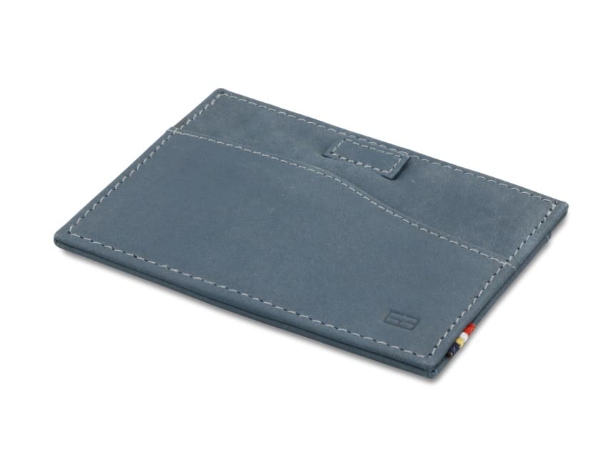 Front view of Leggera Card Holder ID Window Vintage in Sapphire Blue with a pull tab.