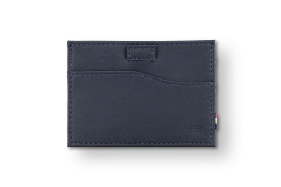 Front view of Leggera Card Holder Vegan in Cactus Blue with a pull tab.