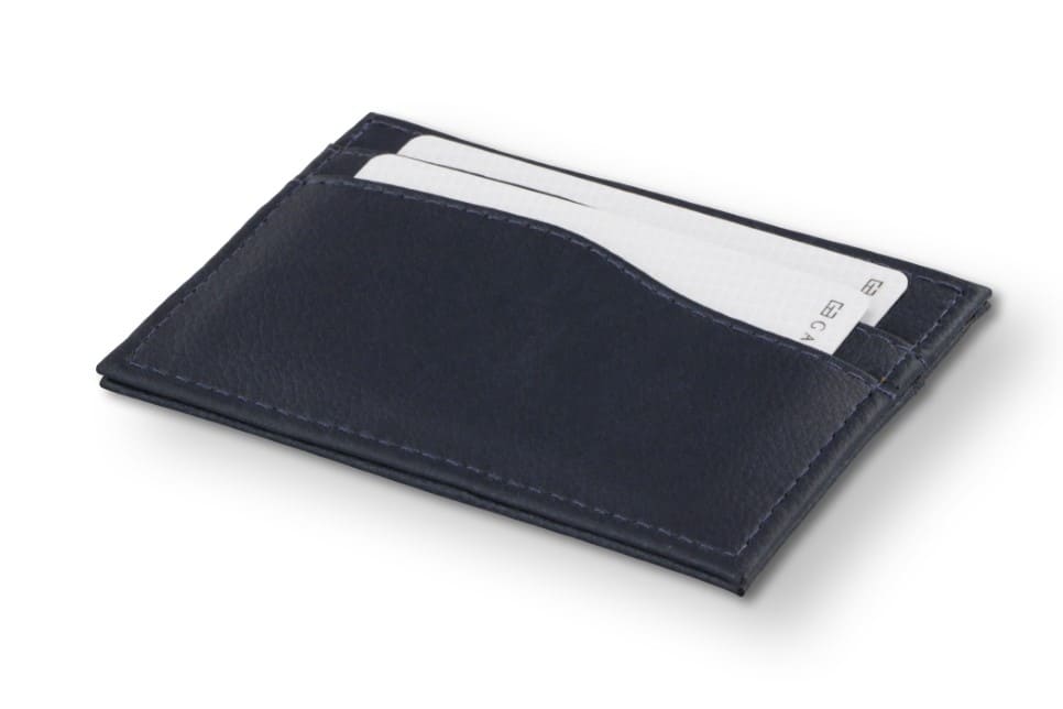 Front view of Leggera Card Holder Vegan in Cactus Blue with a pull tab with a card.
