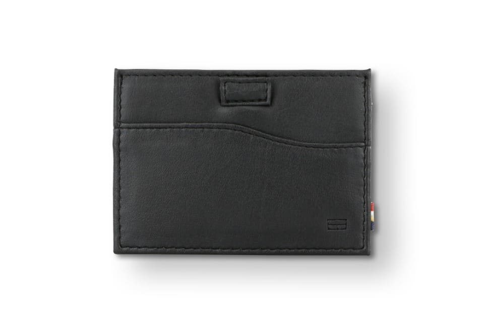 Front view of Leggera Card Holder Vegan in Cactus Black with a pull tab.
