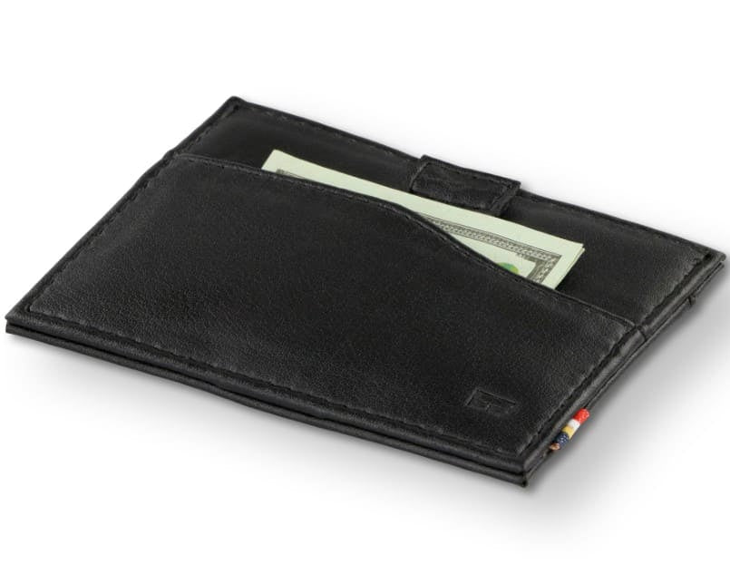 Front view of Leggera Card Holder Vegan in Cactus Black with a pull tab with money.