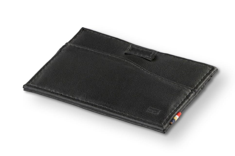 Front view of Leggera Card Holder Vegan in Cactus Black with a pull tab.