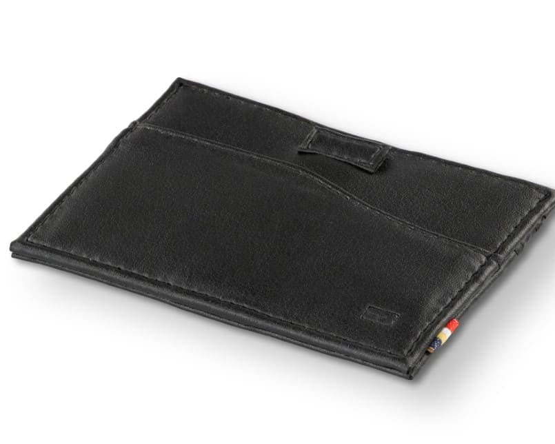 Front view of Leggera Card Holder Vegan in Cactus Black with a pull tab.