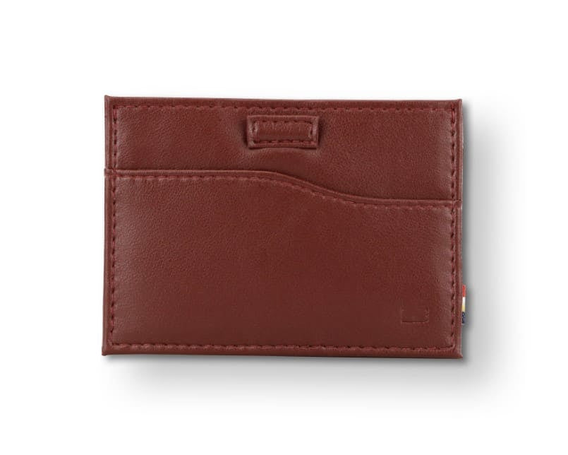 Front view of Leggera Card Holder Vegan in Cactus Burgundy with a pull tab.