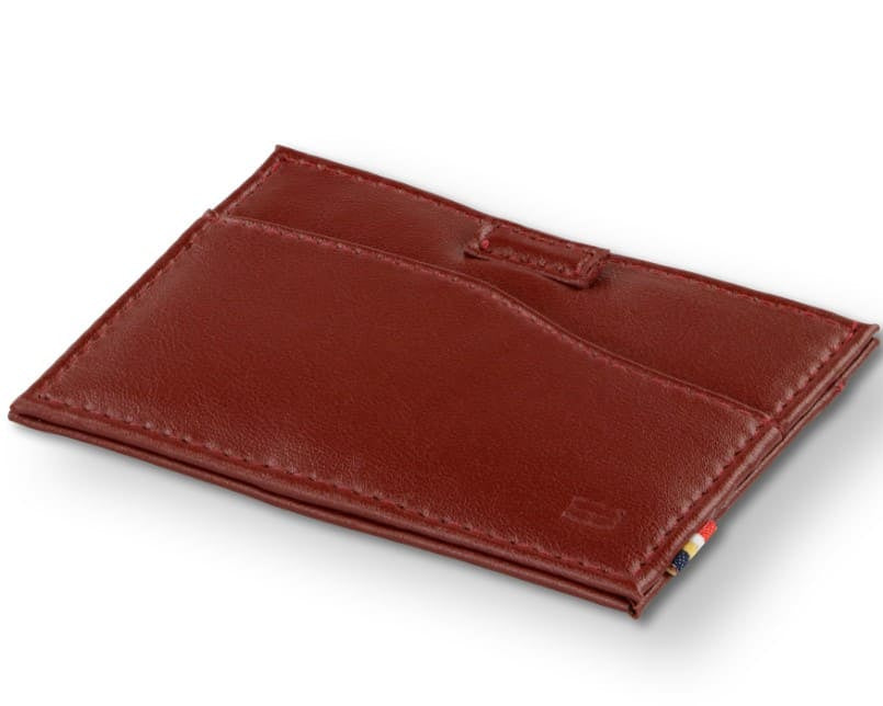 Back view of Leggera Card Holder Vegan in Cactus Burgundy with a pull tab.