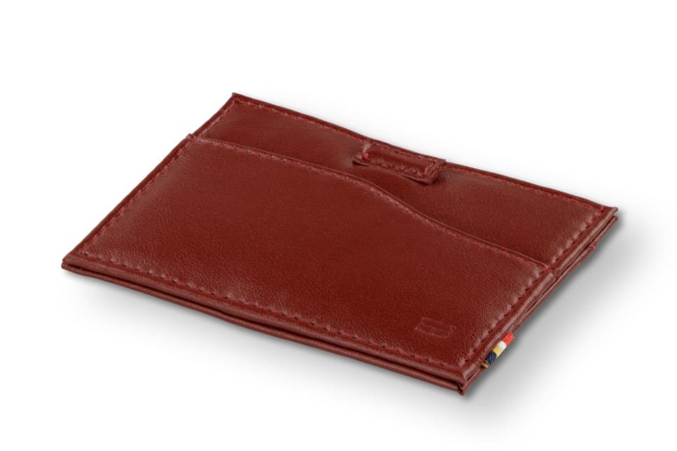 Back view of Leggera Card Holder Vegan in Cactus Burgundy with a pull tab.