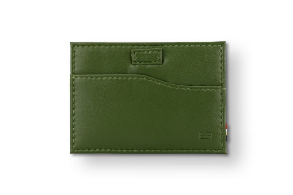 Front view of Leggera Card Holder Vegan in Cactus Green with a pull tab.