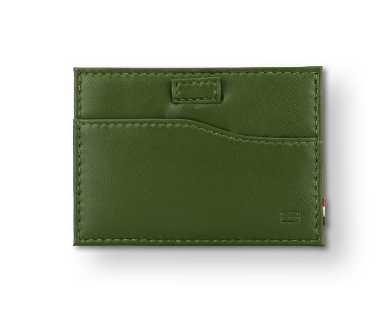 Front view of Leggera Card Holder Vegan in Cactus Green with a pull tab.