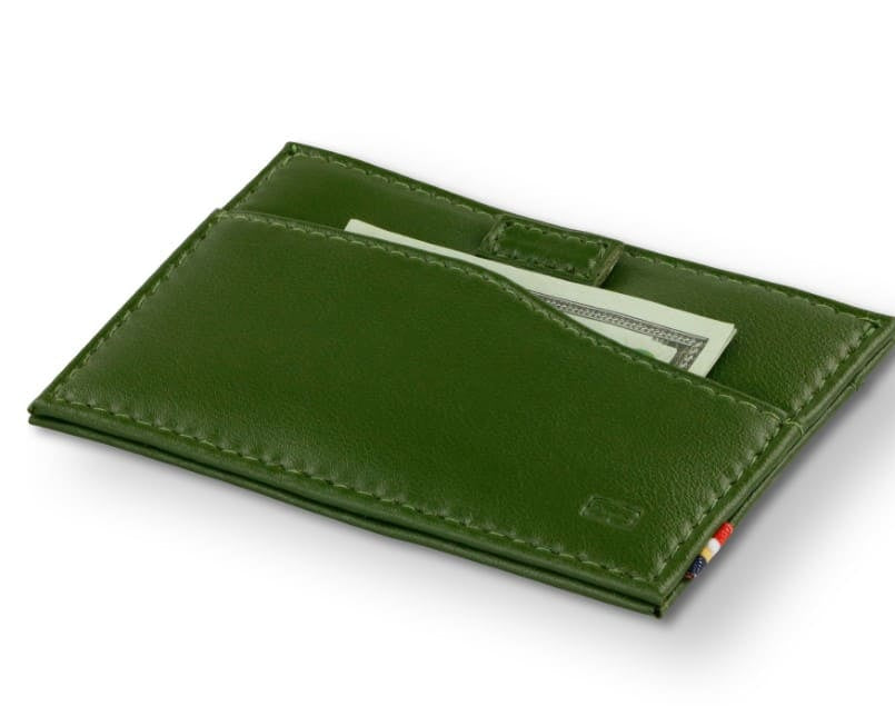 Front view of Leggera Card Holder Vegan in Cactus Green with a pull tab with money.