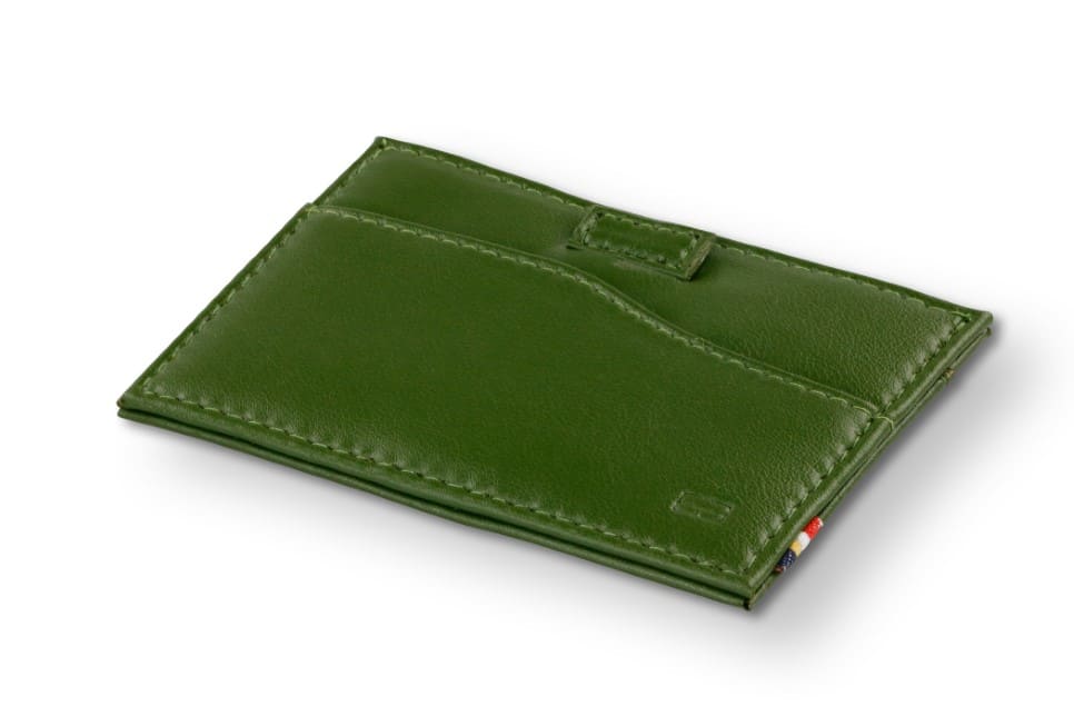 Front view of Leggera Card Holder Vegan in Cactus Green with a pull tab.