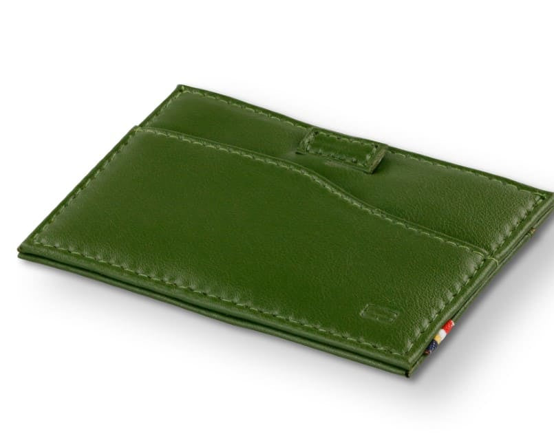 Front view of Leggera Card Holder Vegan in Cactus Green with a pull tab.