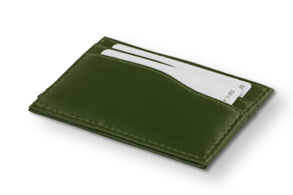 Front view of Leggera Card Holder Vegan in Cactus Green with a pull tab with a card.