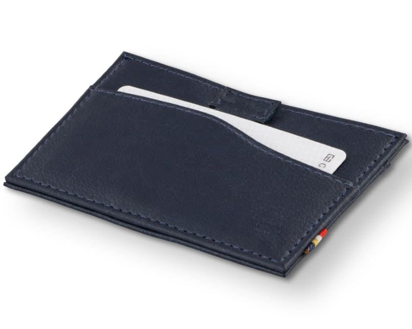 Front view of Leggera Card Holder ID Window Vegan in Cactus Blue with a pull tab with a card.