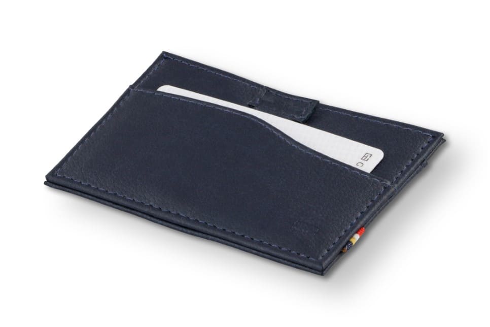 Front view of Leggera Card Holder ID Window Vegan in Cactus Blue with a pull tab with a card.