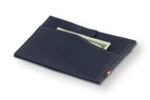 Front view of Leggera Card Holder ID Window Vegan in Cactus Blue with a pull tab with money.