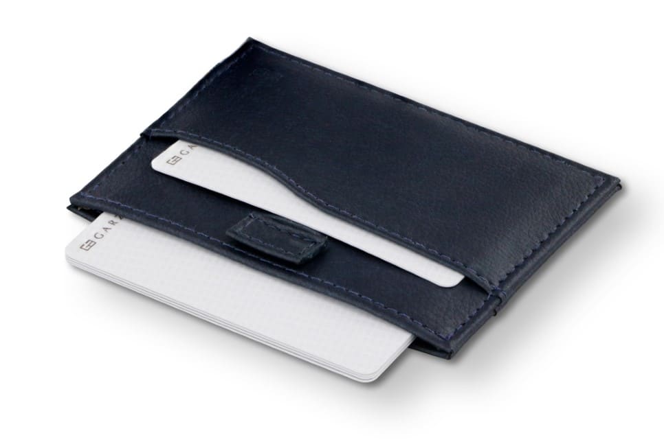 Open Leggera Card Holder ID Window Vegan in Cactus Blue with cards pulling out.