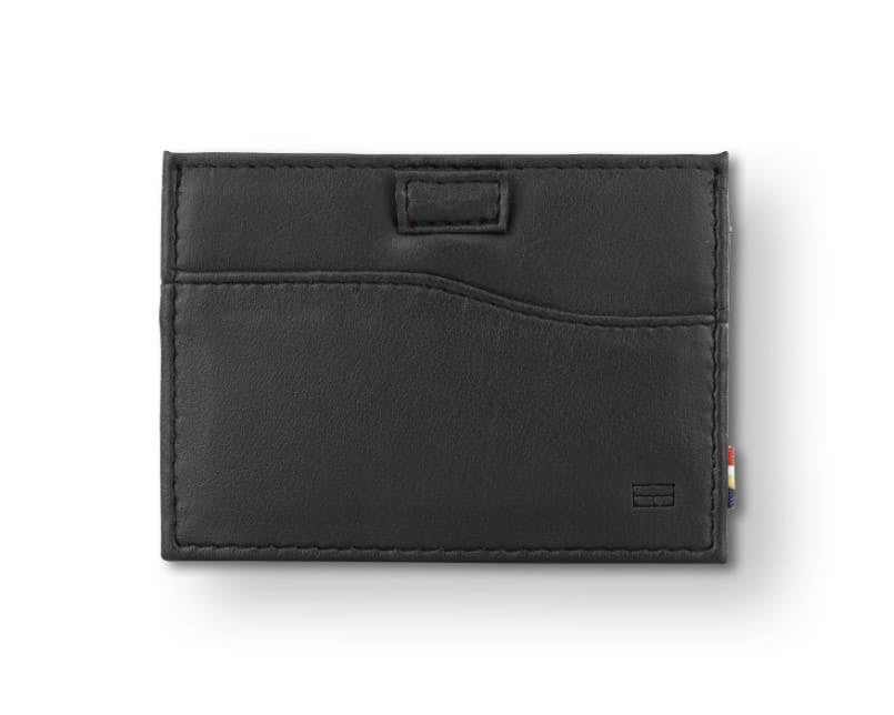 Front view of Leggera Card Holder ID Window Vegan in Cactus Black with a pull tab.