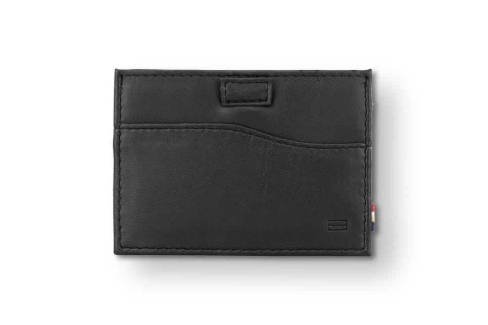 Front view of Leggera Card Holder ID Window Vegan in Cactus Black with a pull tab.
