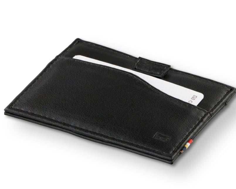 Front view of Leggera Card Holder ID Window Vegan in Cactus Black with a pull tab with a card.