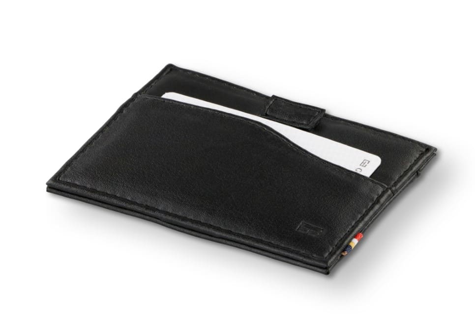 Front view of Leggera Card Holder ID Window Vegan in Cactus Black with a pull tab with a card.
