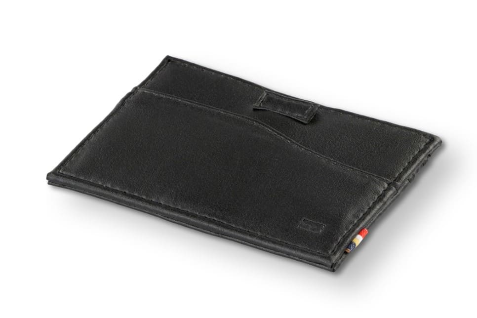 Back view of Leggera Card Holder ID Window Vegan in Cactus Black with a pull tab.
