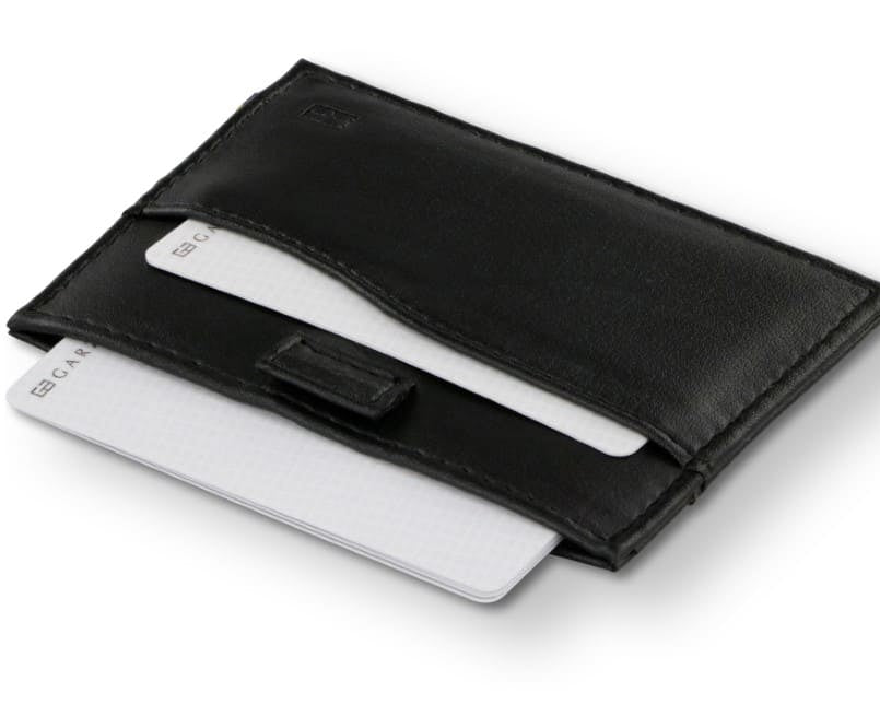 Open Leggera Card Holder ID Window Vegan in Cactus Black with cards pulling out.