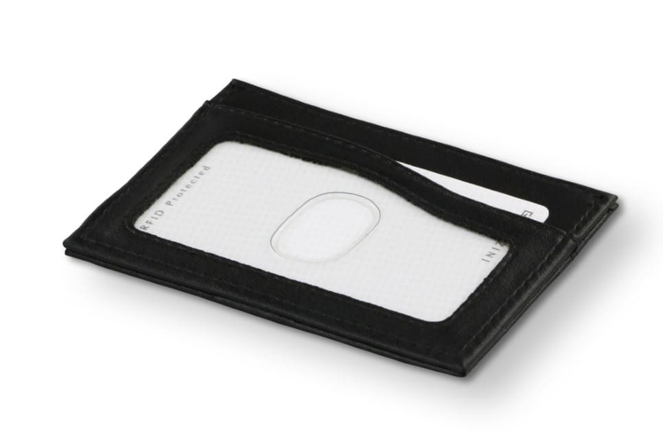 Back view of Leggera Card Holder ID Window Vegan in Cactus Black with cards inside the ID window.