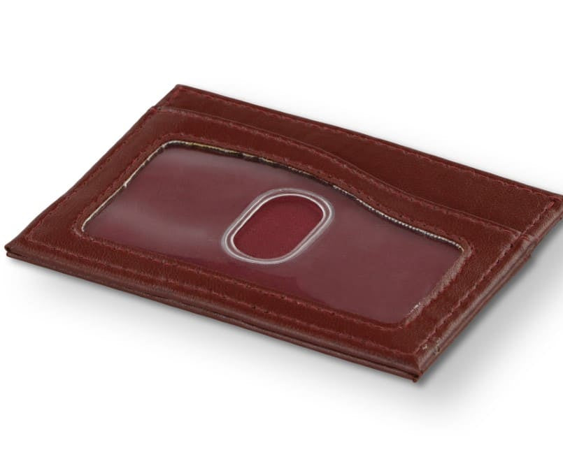Front view of Leggera Card Holder ID Window Vegan in Cactus Burgundy with a pull tab.