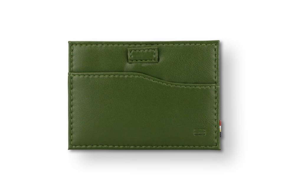 Front view of Leggera Card Holder ID Window Vegan in Cactus Green with a pull tab.