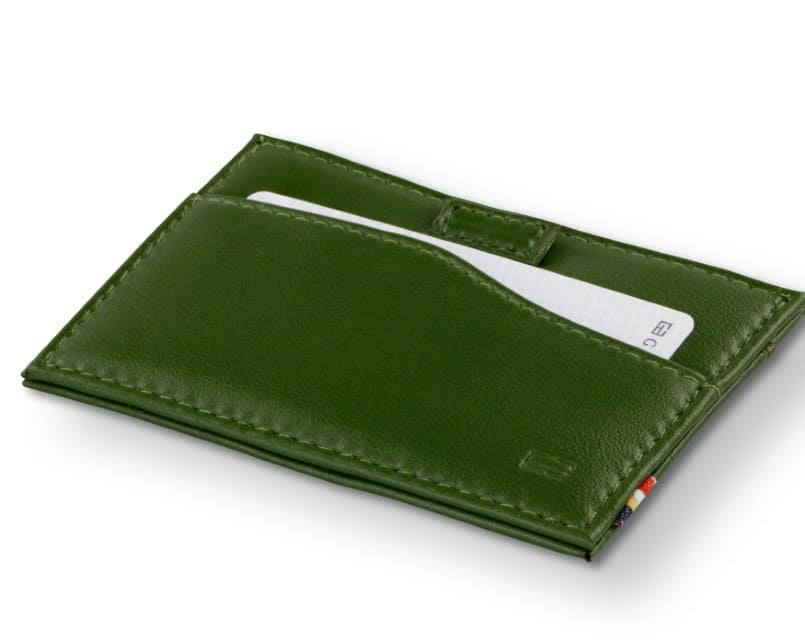 Front view of Leggera Card Holder ID Window Vegan in Cactus Green with a pull tab with a card.