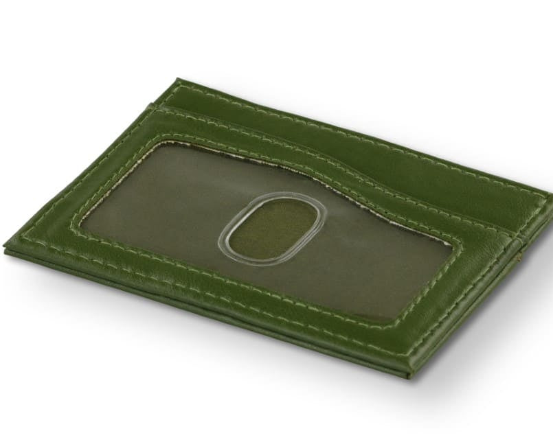 Front view of Leggera Card Holder ID Window Vegan in Cactus Green with an ID window.