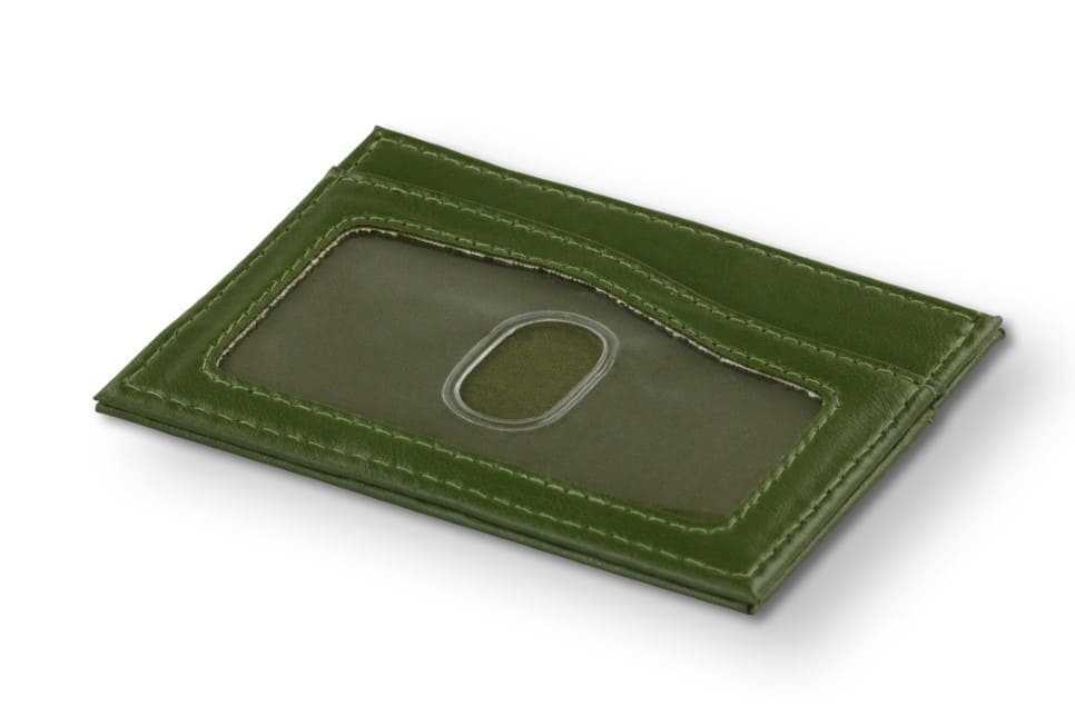 Front view of Leggera Card Holder ID Window Vegan in Cactus Green with an ID window.