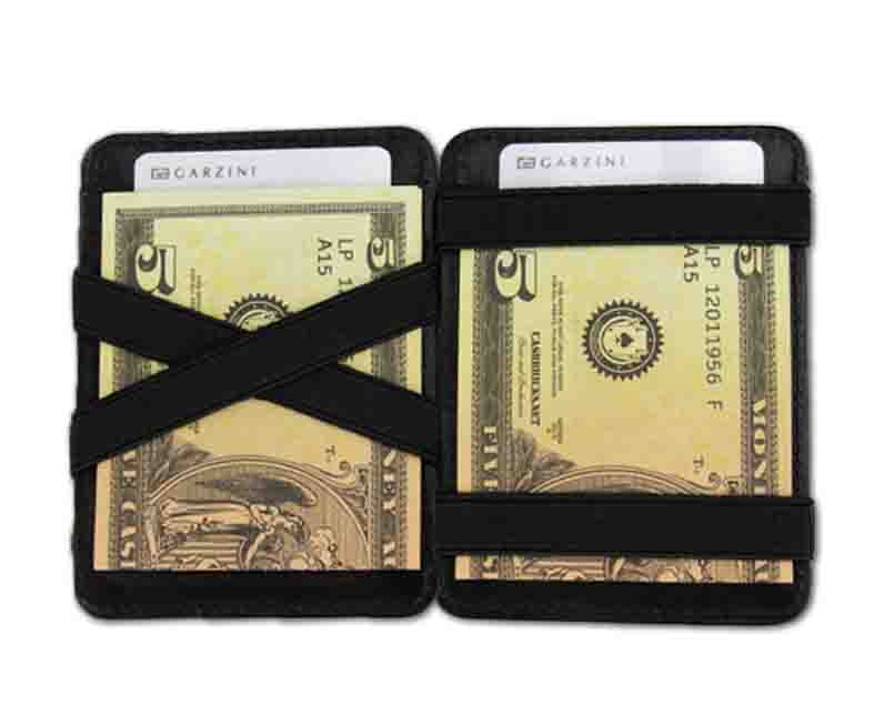 Open view of the Urban Magic Coin Wallet in Black with money.