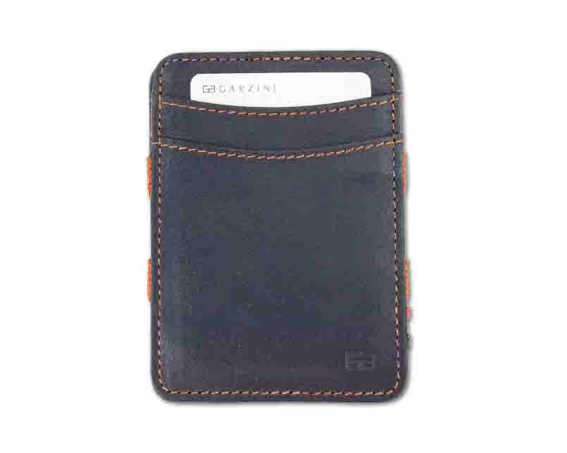 Front view with card of the Urban Magic Coin Wallet in Blue-Orange.
