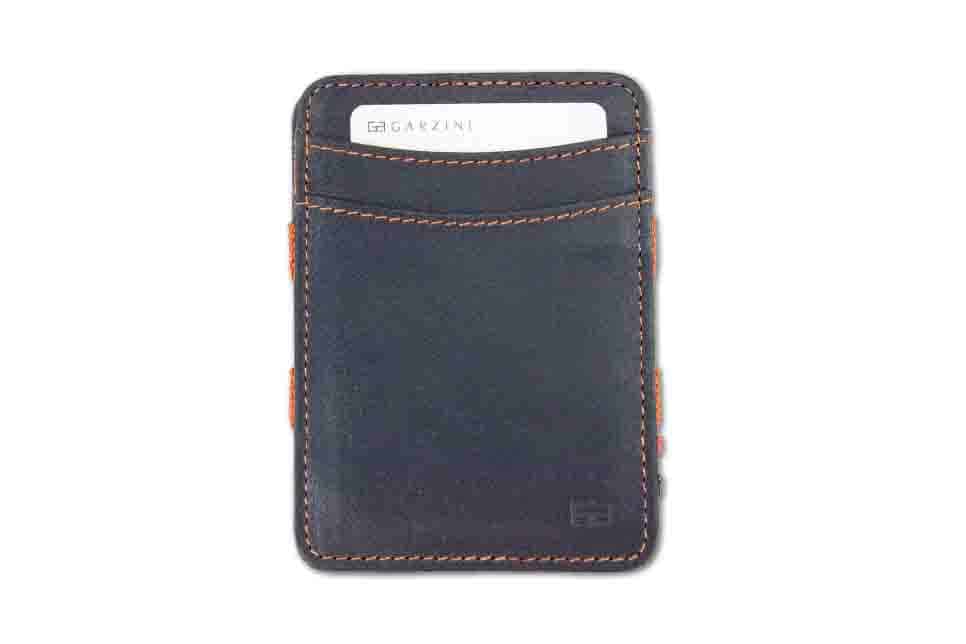 Front view with card of the Urban Magic Coin Wallet in Blue-Orange.