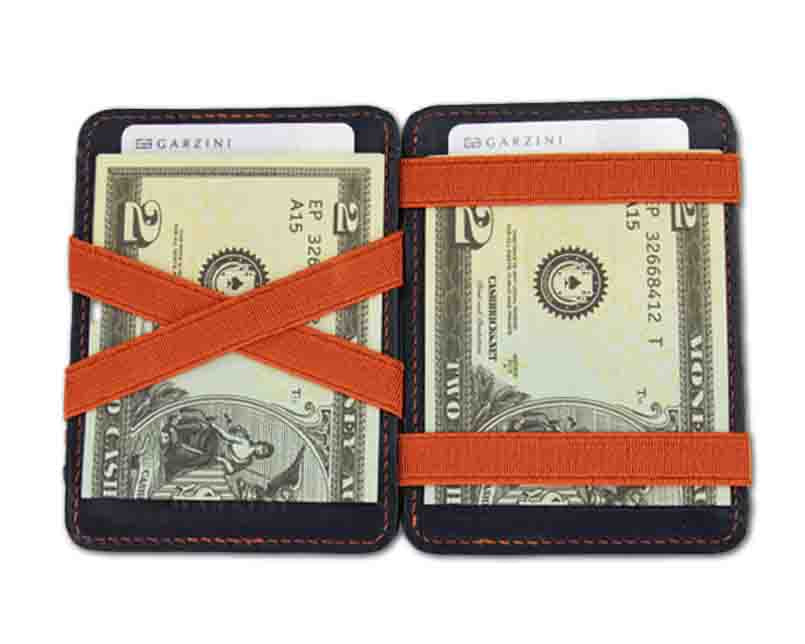 Open view of the Urban Magic Coin Wallet in Blue-Orange with money.
