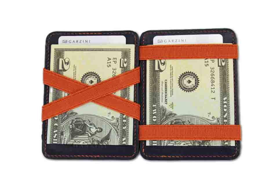 Open view of the Classic Magic Coin Wallet in Blue-Orange with money.