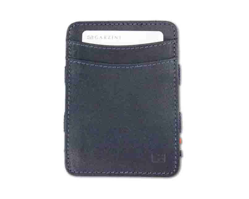 Front view with card of the Urban Magic Coin Wallet in Blue.