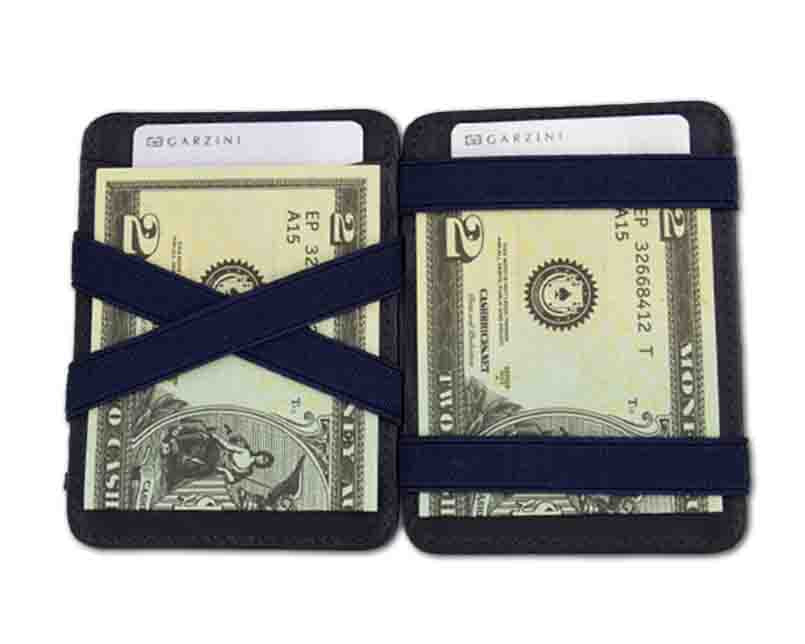 Open view of the Urban Magic Coin Wallet in Blue with money.