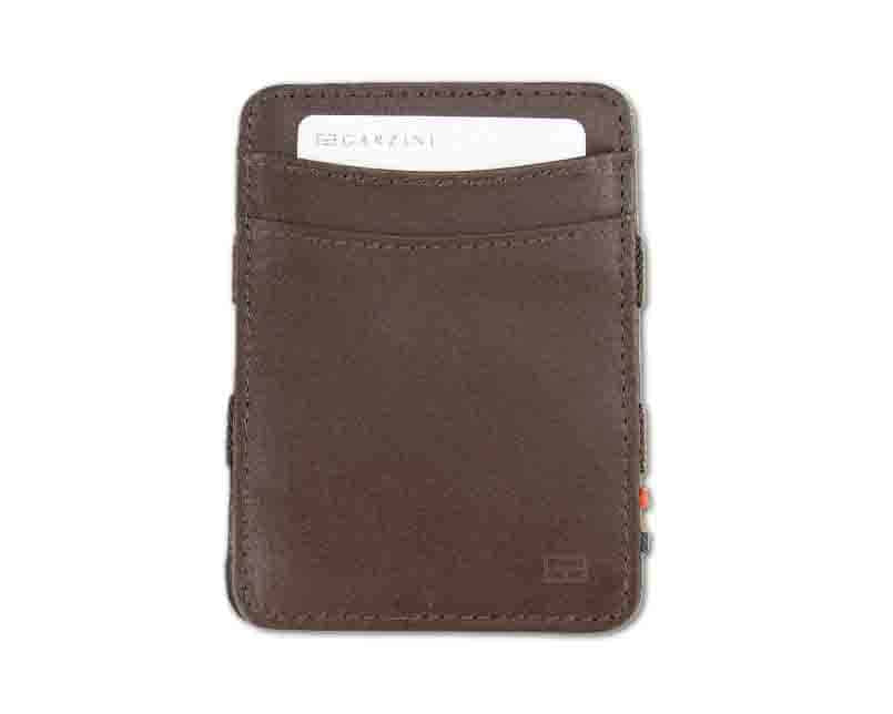 Front view with card of the Urban Magic Coin Wallet in Brown.