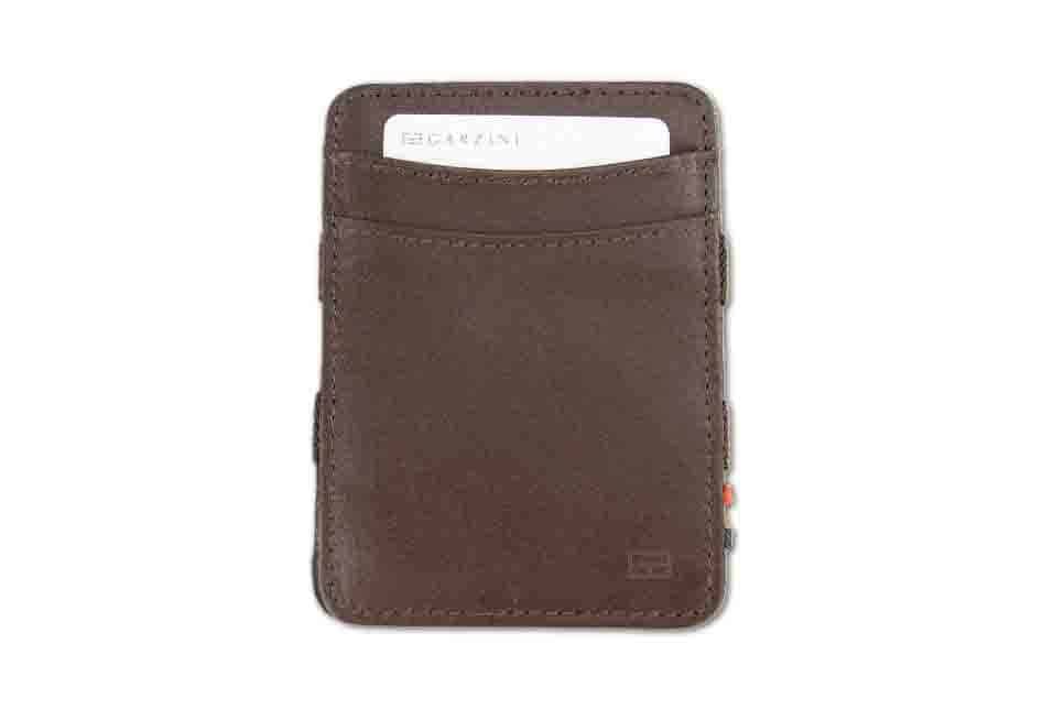 Front view with card of the Classic Magic Coin Wallet in Brown.