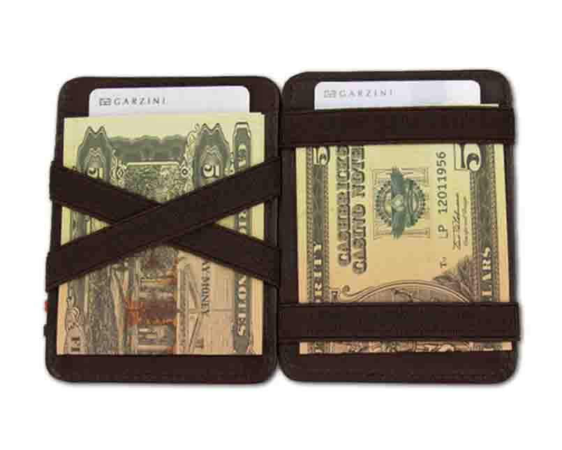 Open view of the Urban Magic Coin Wallet in Brown with money.
