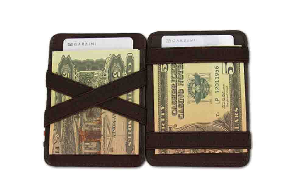 Open view of the Classic Magic Coin Wallet in Brown with money.