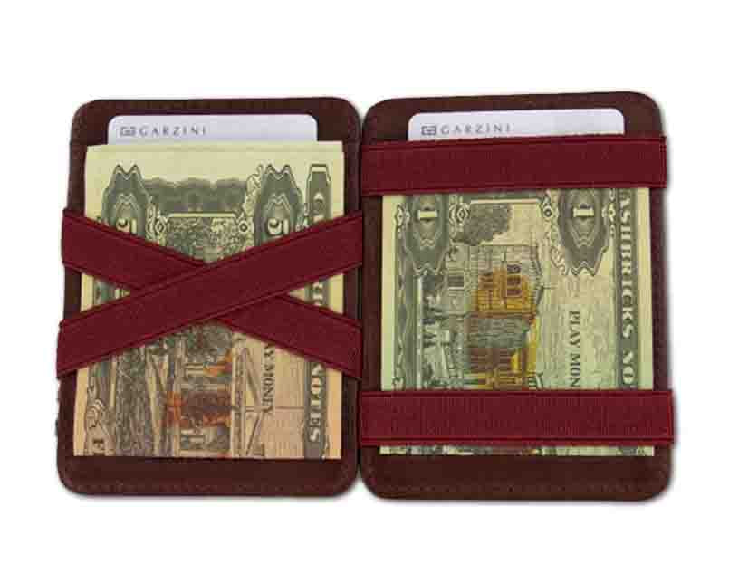 Open view of the Urban Magic Coin Wallet in Burgundy with money.