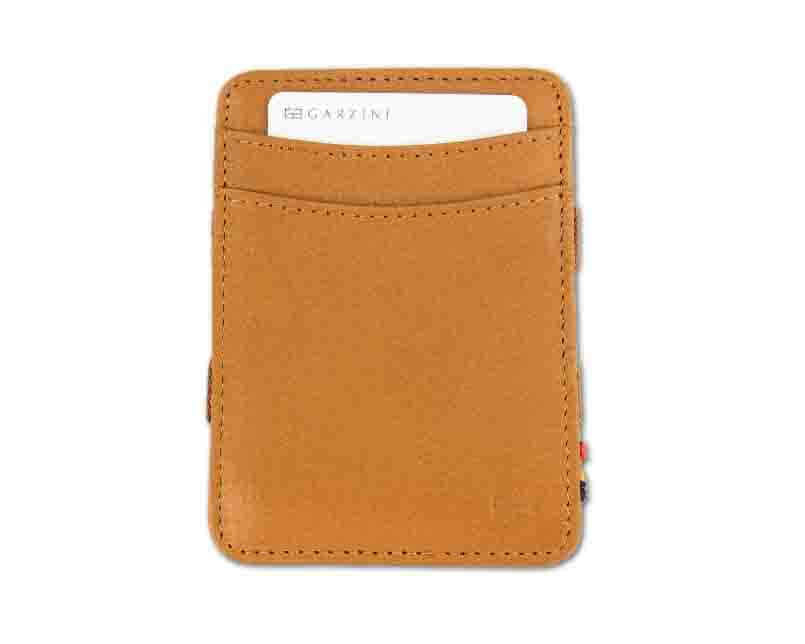Front view with card of the Urban Magic Coin Wallet in Cognac.