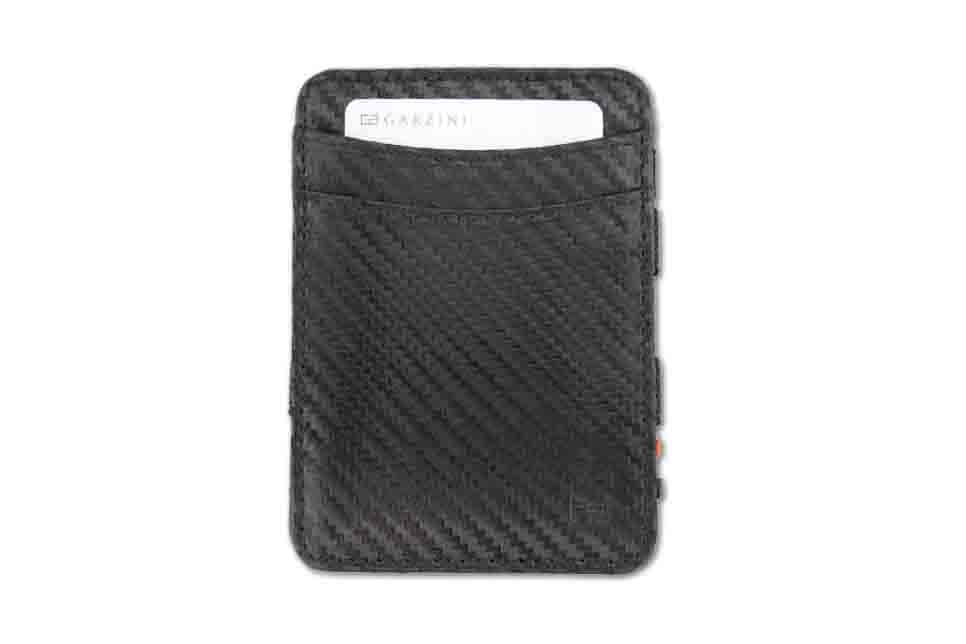 Front view with card of the Urban Magic Coin Wallet in Carbon Black.