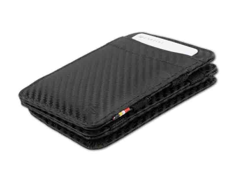 Front side view with card of the Urban Magic Coin Wallet in Carbon Black.