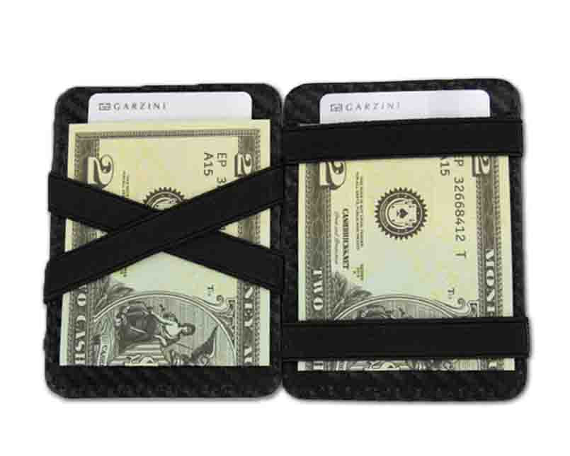 Open view of the Urban Magic Coin Wallet in Carbon Black with money.