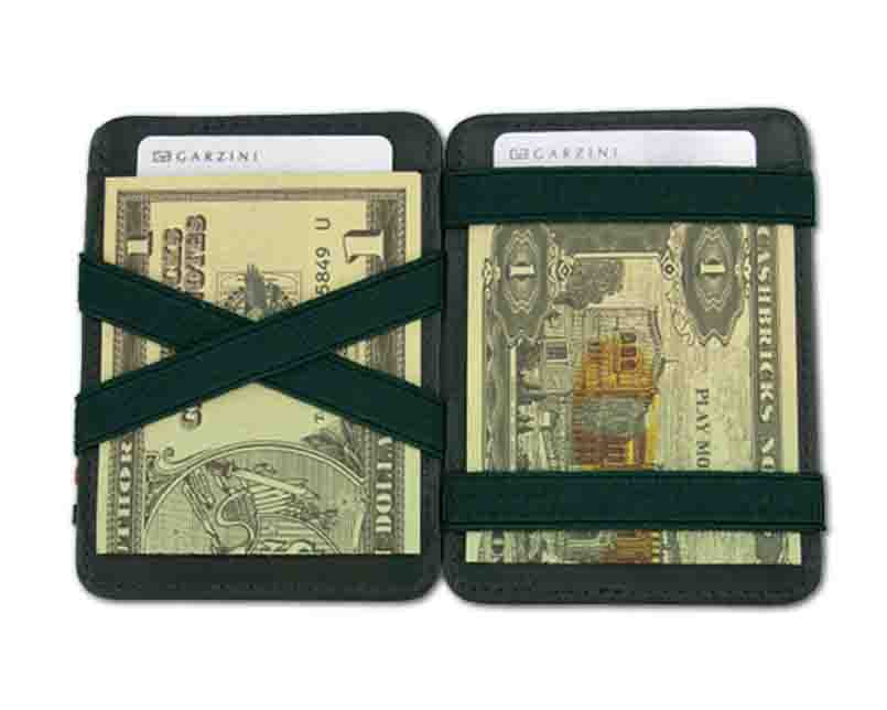Open view of the Urban Magic Coin Wallet in Green with money.