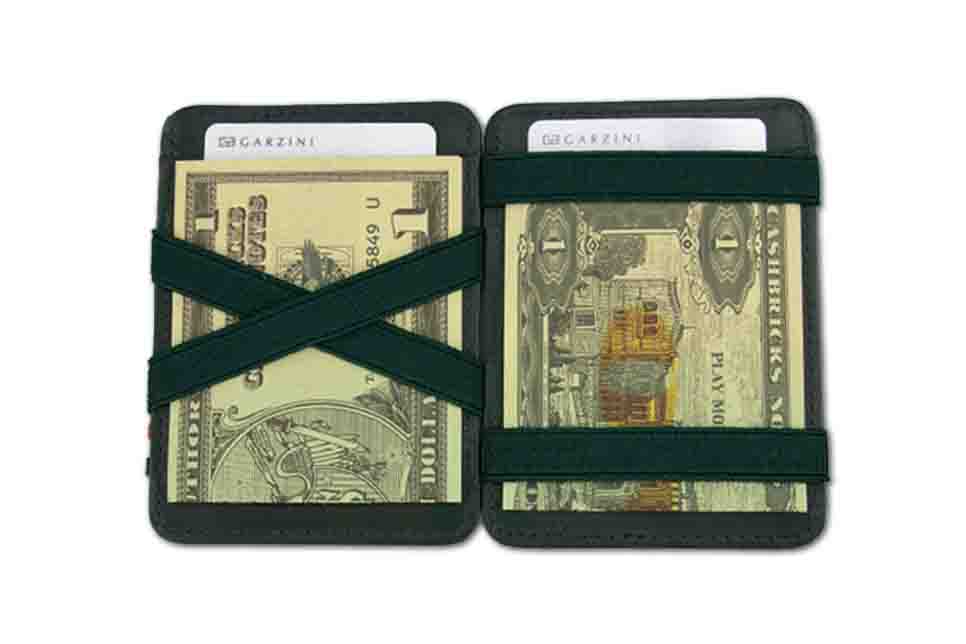 Open view of the Classic Magic Coin Wallet in Green with money.